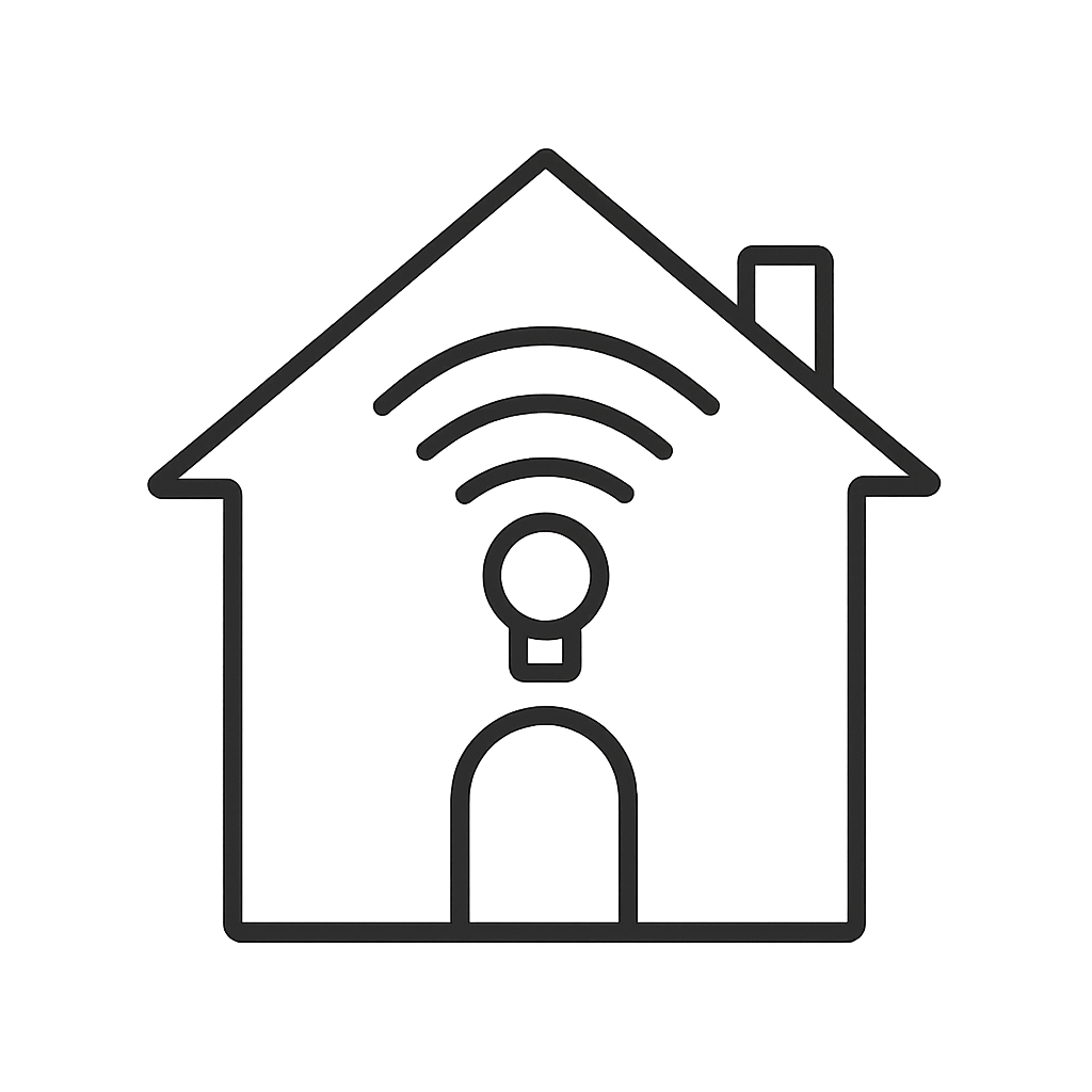 The house represents the network processor of a smart home. A grey silhouette of a house includes three curved lines above...